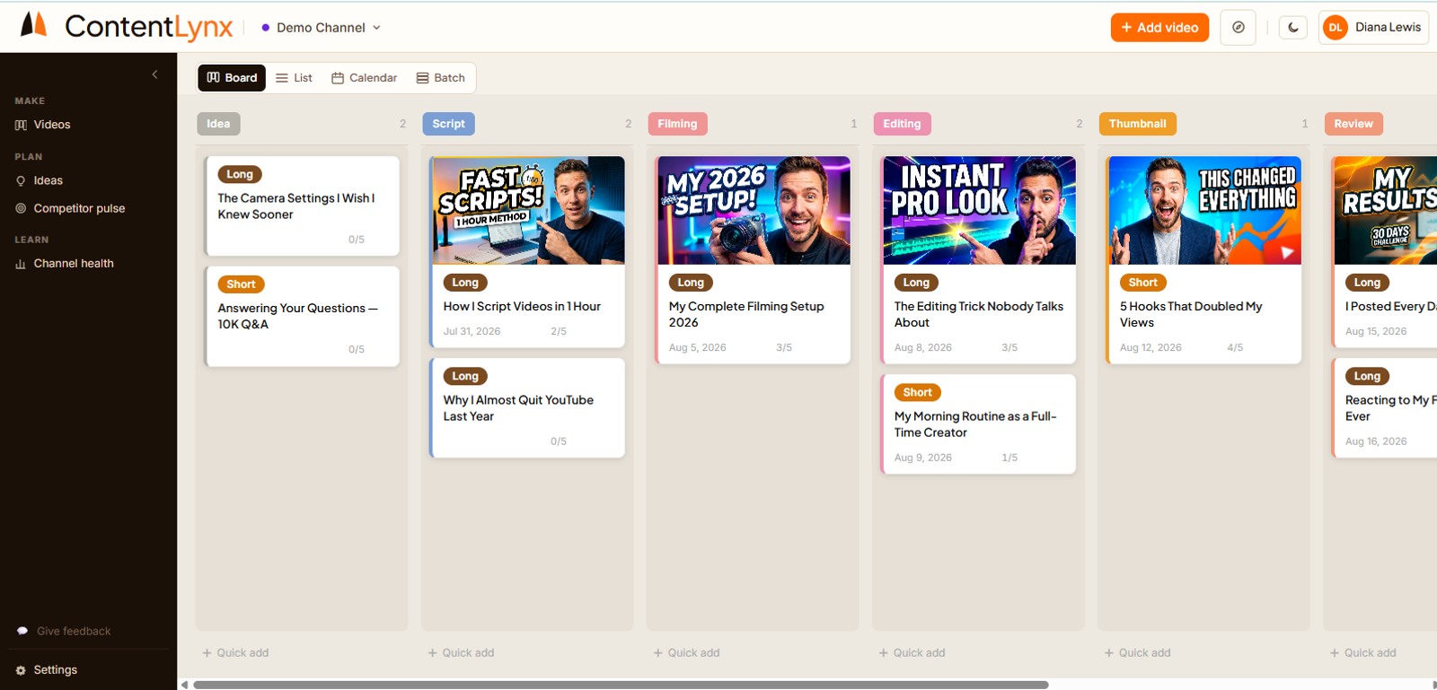The ContentLynx production board — dragging a video from Script through to Editing